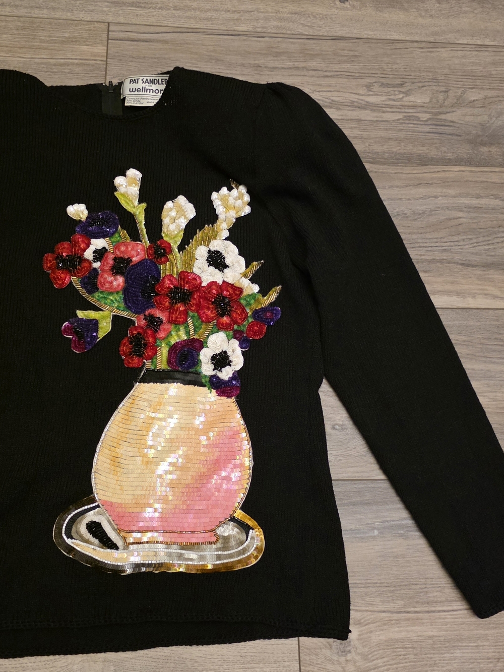 Vtg 80s Pat Sandler Wellmore Sequin Beaded Flower Vase Knit Top Size 10 - Picture 5 of 9